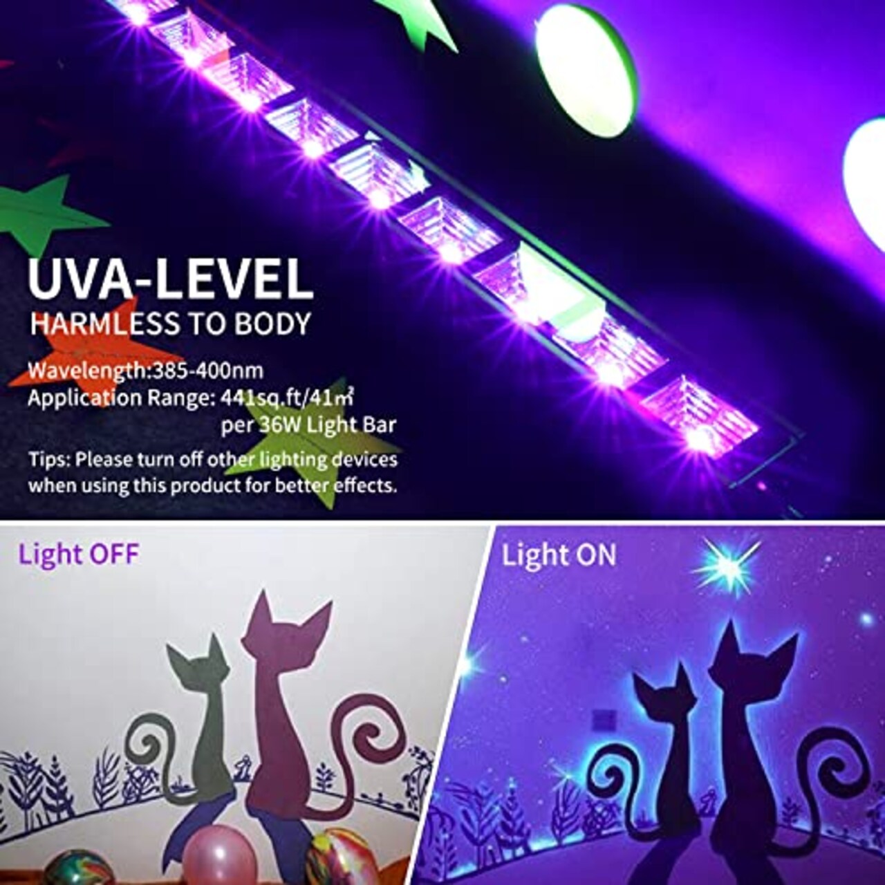 36W LED Black Light Bar, Premium LED Blacklight Flood Light with Plug+Switch+5ft Cord, Light Up 21x21ft Area, for Halloween Glow Fluorescent Party Bedroom Game Room Body Paint Stage Lighting